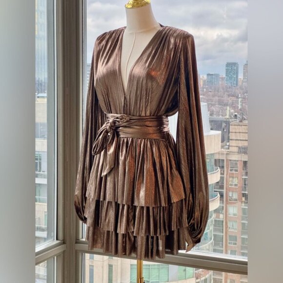 🆕 BRONX & BANCO 🧿 NWOT Bellerose Ruffled Mini Dress, Metallic Gold Sz S / US 4 - Picture 4 of 16